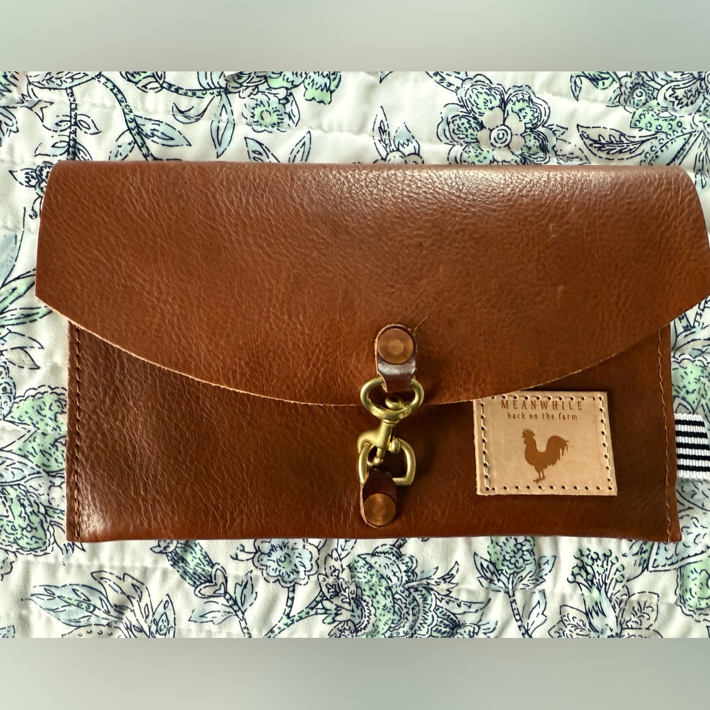 Meanwhile back at the Farm- Brown Leather Clutch with Gold Hardware